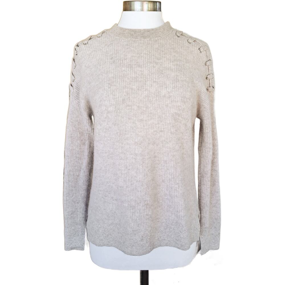 C by BLOOMINGDALE'S Cashmere Sweater RIbbed Laced Shoulders Medium Warm Gray